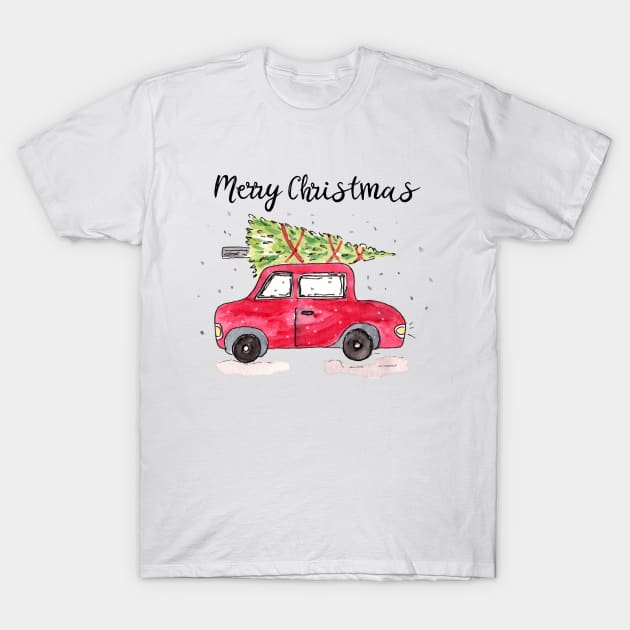 Watercolor Christmas Car with Tree T-Shirt by Harpleydesign